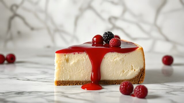 A delicious slice of creamy cheesecake topped with fresh red berry sauce and juicy berries