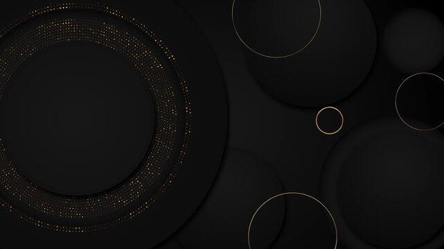 Black gold circle abstract background rings, layered dark disks, thin golden outlines, premium minimal style. luxury promos, corporate titles, award videos, presentation slides, logo reveals, modern