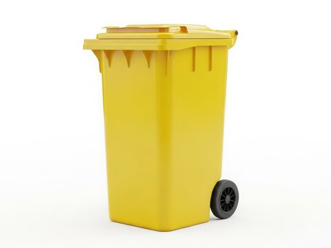 A bright yellow trash bin with wheels and a lid sitting on a white background
