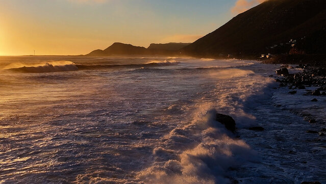 Aerial view of powerful waves crashing against a rocky coastline under a golden sunset with steep mountain slopes in Cape Town, Western Cape, South Africa.