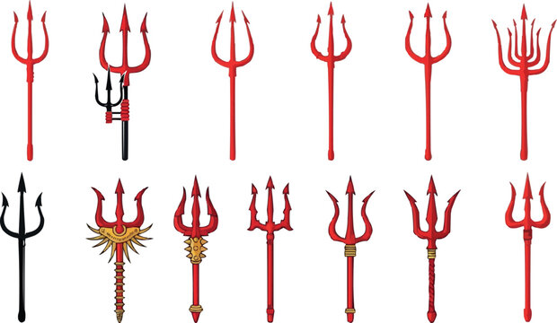 Red Devil Trident Weapon Collection with Fantasy Demon Pitchfork Designs for Halloween Horror and Mythology Illustrations