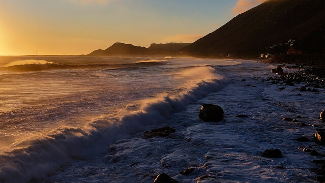 Aerial view of crashing waves along a rocky coastline with steep mountain slopes under a golden sunset sky Cape Town, Western Cape, South Africa.