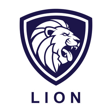Lion head logo design with shield and text on white background icon