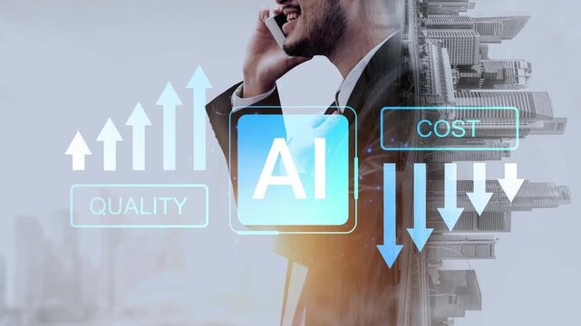 Man in Business Suit Interacting with Technology and Data Visualization Representing Artificial Intelligence Impacting Quality and Cost in Urban Environment Gluon.