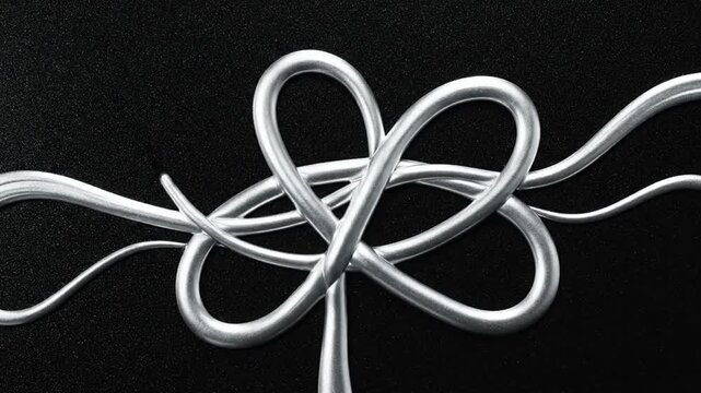 Silver liquid metal fluid line dynamically forming an abstract knot shape on black