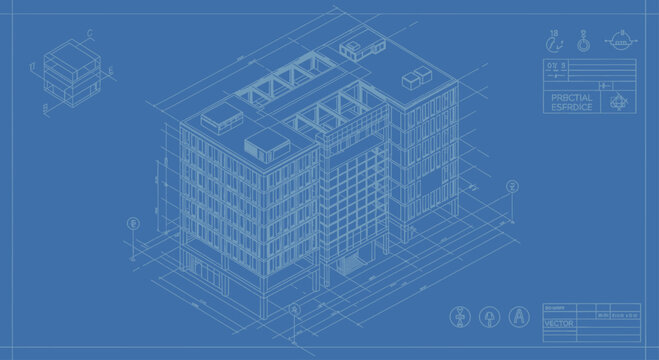 Blueprint of a Modern Building Isometric View Architectural Design.