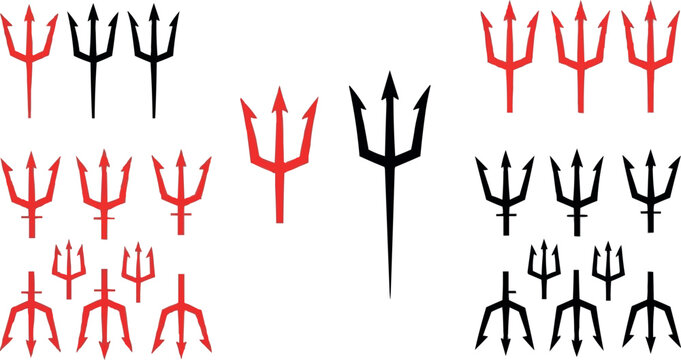 Devil Trident Symbol Collection with Red and Black Pitchfork Icons for Halloween and Dark Fantasy Designs