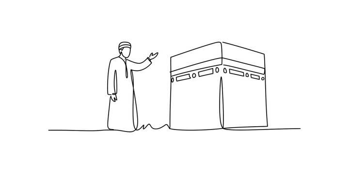 Muslim man in traditional clothing standing next to the kaaba, one line drawing Vector, illustration