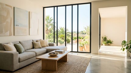 Obraz premium Bright modern living room with large windows and comfortable sectional sofa overlooking a lush green garden and sunny patio