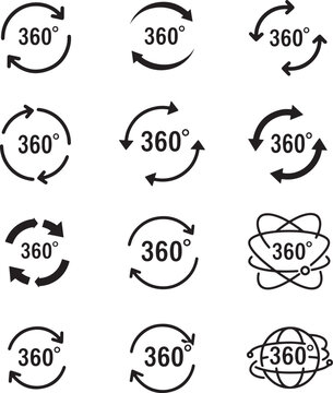 Set of twelve black 360 degree rotation featuring circular arrows and spherical globe symbols on a white background for virtual reality and panoramic view navigation interface
