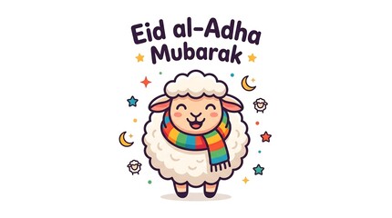 Naklejka premium Cute cartoon sheep wearing colorful scarf and scarf with text Eid al Adha Mubarak surrounded by stars and crescent moon on white background.