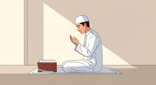 A young Muslim man wearing a white thobe and kufi sits on a prayer mat with hands raised in dua, a wooden rehal with the Quran rests before him in a minimalist sunlit room.