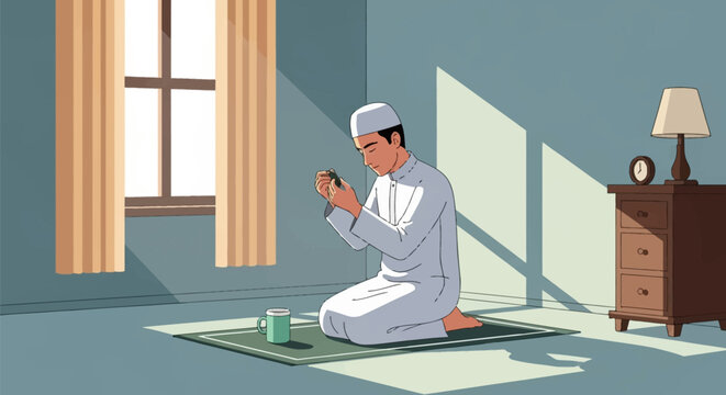Vector illustration of a young Muslim man wearing a white thobe and kufi, sitting on a prayer mat in a bedroom, performing supplication or Dua with hands raised, window with sunlight.