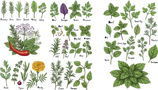 Hand Drawn Culinary Herb and Spice Collection with Fresh Botanical Leaves and Organic Garden Plant Illustrations