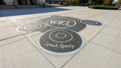 Ground Chalk Art Featuring 'Voice' and 'Speak Openly' in Concentric Circles