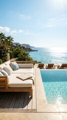 Obraz premium Luxury infinity pool overlooking the Mediterranean sea with comfortable outdoor sofa and sun loungers on a sunny day ideal for vacation and relaxation