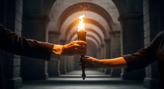 Passing the burning torch legacy concept in a dark stone corridor with cinematic lighting and dramatic atmosphere