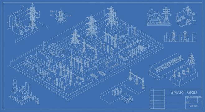 Blueprint of an Electrical Substation with Power Lines and Equipment.