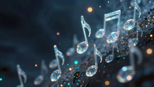 Abstract Glass Musical Notes Floating in Cinematic Dark Space