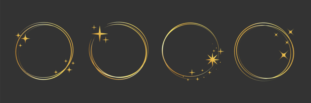 Gold frame golden ring set. Hand drawn gold round glitter line circular border with light sparkle. Luxury whimsical wedding jewelry glow flare decoration christmas star. Vector illustration