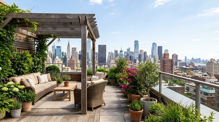Obraz premium Luxury rooftop terrace with panoramic city skyline view and comfortable seating area adorned with lush green plants and blooming flowers