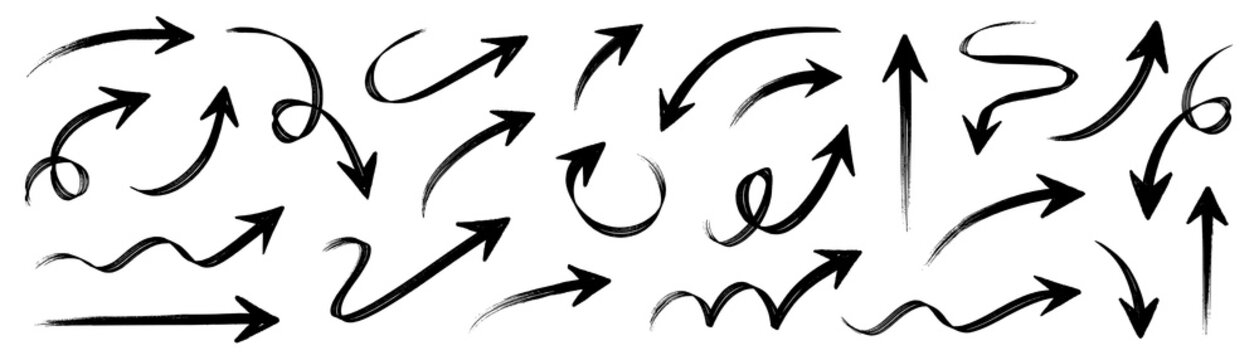 Arrow hand drawn brush set. Crayon hand drawn brush sketch arrow line pencil stroke chalk rough texture. Scribble doodle grunge underline swirl spiral comic fun sign. Vector illustration