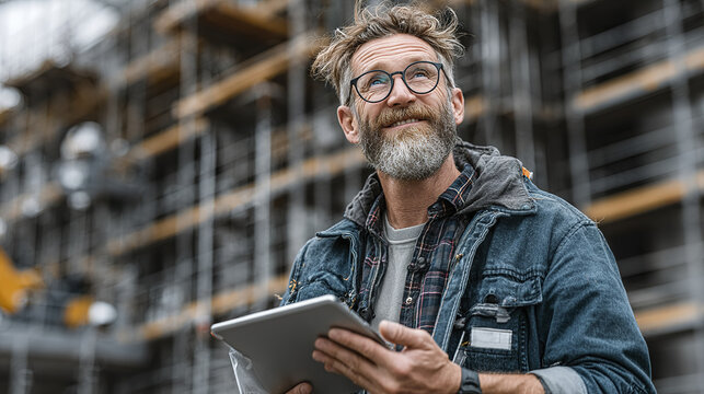 Man with beard and glasses holding tablet smiling thoughtfully at construction site with scaffolding in background, wearing denim jacket and plaid shirt