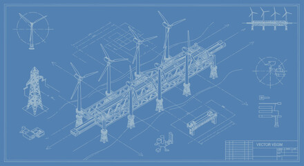 Blueprint of offshore wind farm with turbines and support structures. © Kancil