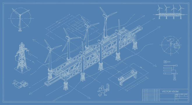 Blueprint of offshore wind farm with turbines and support structures.