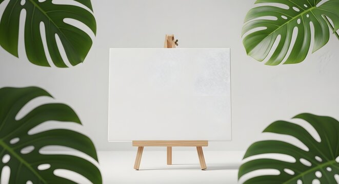 A cavalier king charles spaniel perched on a white easel with monstera leaves