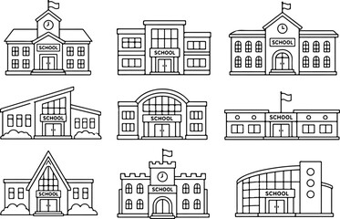 Fototapeta premium Set of eight different school building architectures line