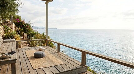 Obraz premium Serene wooden deck overlooking turquoise ocean waters with lush green vegetation and a yoga mat for wellness and relaxation