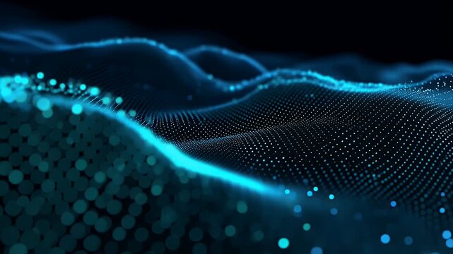 Abstract dynamic wave flowing blue particles digital wave of glowing dots technology background, concept of internet, communication, science, or AI motion graphics background for video footage.