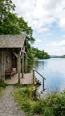 Fototapeta premium Rustic wooden boathouse nestled beside a tranquil blue lake on a sunny day with lush green trees and a partly cloudy sky overhead
