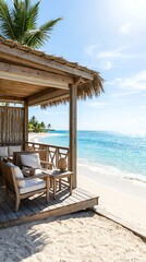 Obraz premium Tropical beach resort cabana with comfortable seating overlooking turquoise ocean waters and white sand beach under a clear blue sky.