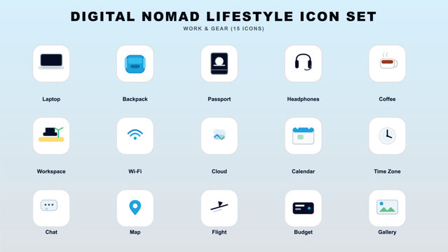 Digital nomad lifestyle icon set for work and life Vector