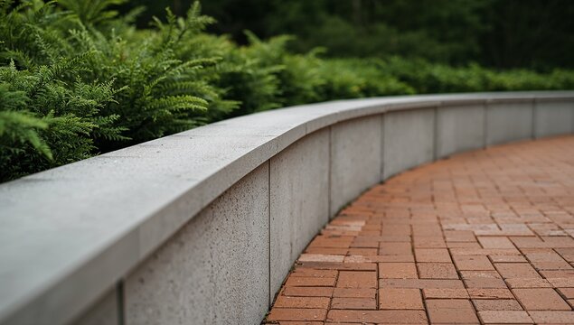 Curved retaining wall with brick pathway outdoor garden scene