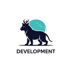 Obraz premium Stylized dark blue animal logo with antlers and feline body in front of a teal moon and the word DEVELOPMENT