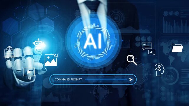 Businessman interacting with AI technology interface, exploring artificial intelligence concepts and digital data management in futuristic setting Gluon.