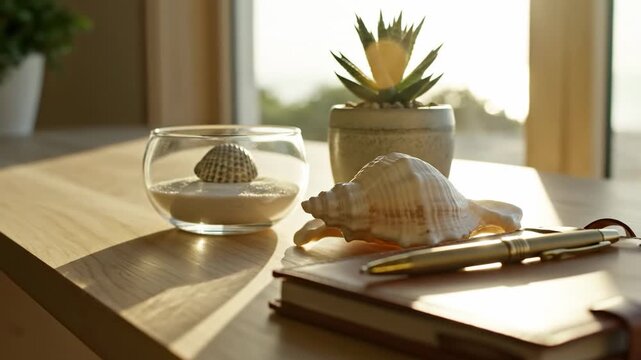 Tabletop arrangement with seashells, a potted succulent, and a notebook with a pen, bathed in warm sunlight near a window overlooking the ocean