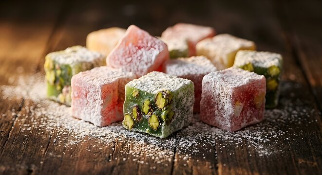 Colorful Turkish Delight Pieces with Powdered Sugar and Pistachio on Rustic Wooden Surface Food Photography
