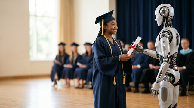 Futuristic AI Robot Chancellor Presenting Diploma to Graduate Student on Stage