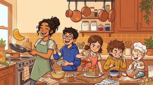 Five siblings making pancake breakfast together in chaotic kitchen