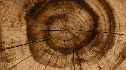 Natural texture of an old brown tree trunk showing a cross section of a wooden stump with annual rings and circular patterns in a macro timber log © Indra
