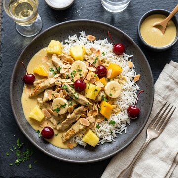Professional Close-Up Overhead Photograph of Authentic Swiss Riz Casimir - Curry Veal with Rice, Exotic Fruits, and Toasted Almonds - Dark Matte Stone Background - 8K Stock Photo