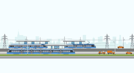 Modern Urban Transportation System with Trains and Cars on Elevated Tracks. © Mobil