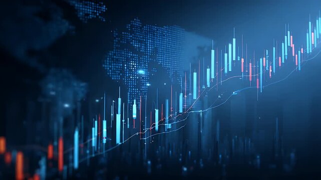 Abstract financial chart with glowing digital candlestick data points moving across dark screen representing stock market volatility investment analysis business growth and economic trends.