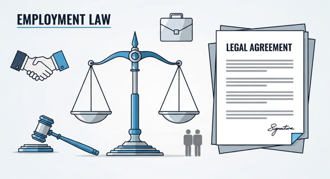Employment Law Legal Agreement Scales of Justice Gavel and Handshake.
