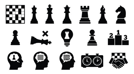 Collection of black chess icons and symbols representing strategy, game pieces, and competition. © GJ