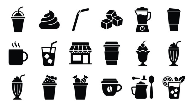 A collection of black and white icons representing various coffee and beverage-related items, including drinks, ingredients, and serving ware.